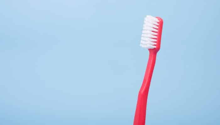 Red toothbrush with white nylon bristles against a powder blue background