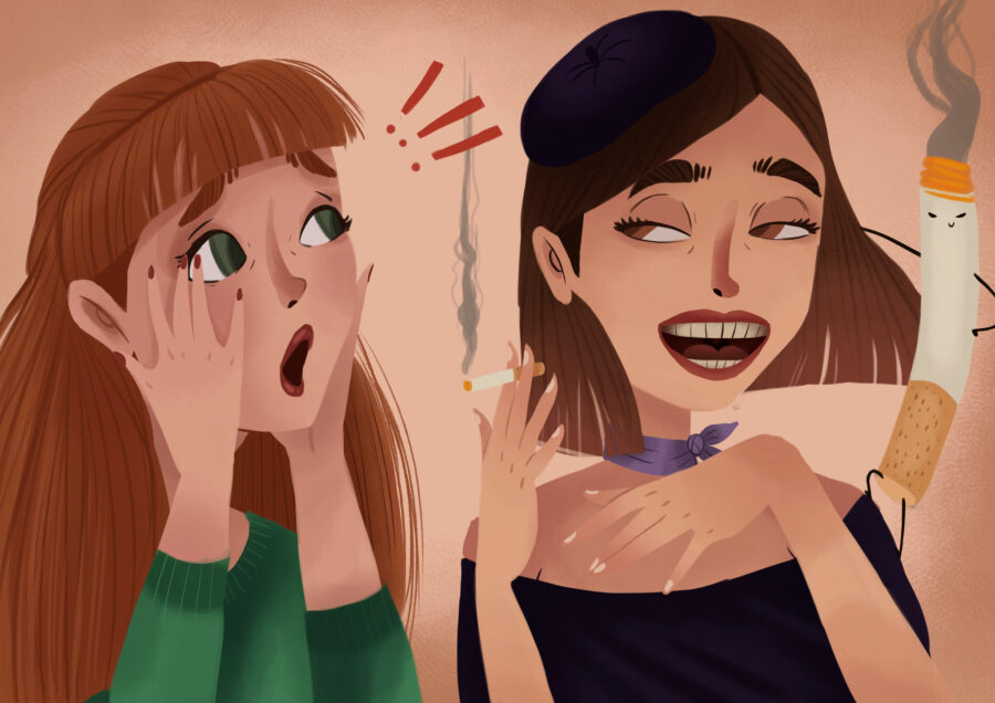 image of woman smoking and another woman reacting, oral health and smoking, quit smoking