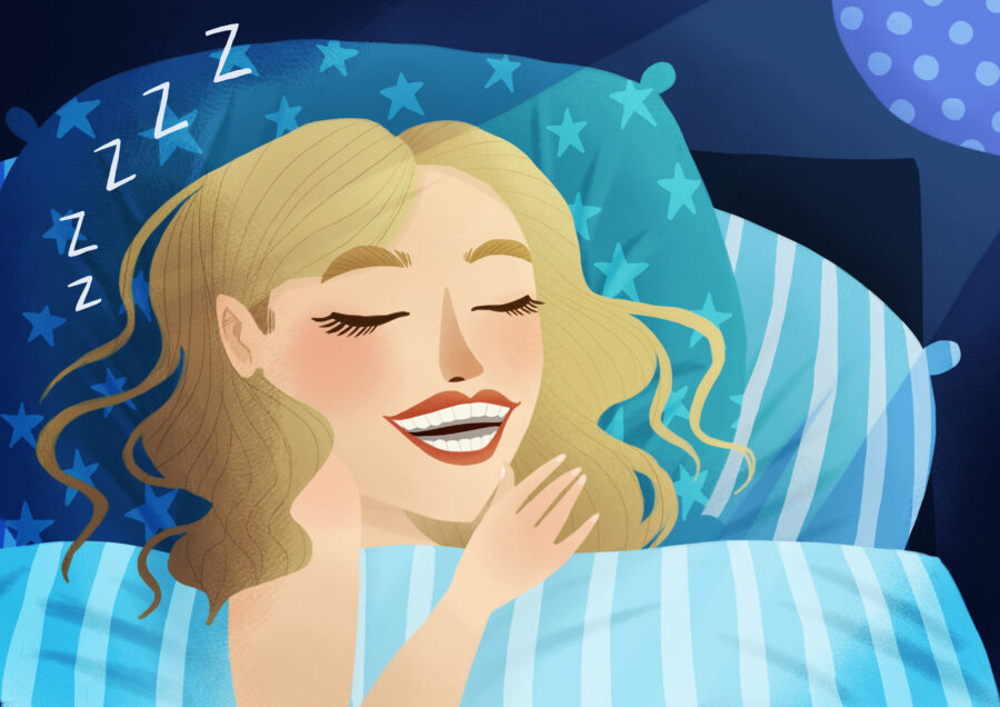 woman with a mouthguard nightguard sleeping at night to protect from bruxism teeth grinding